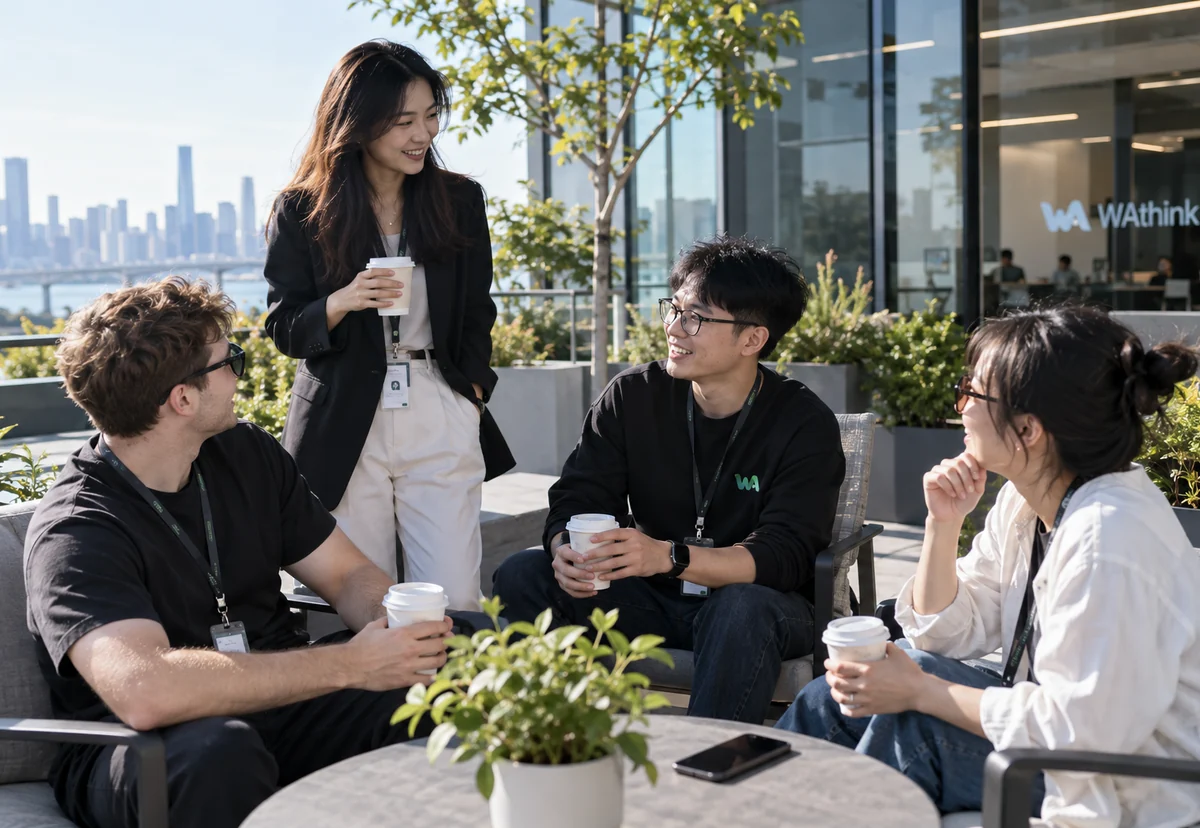 露台茶歇时的轻松交流与同事互动。