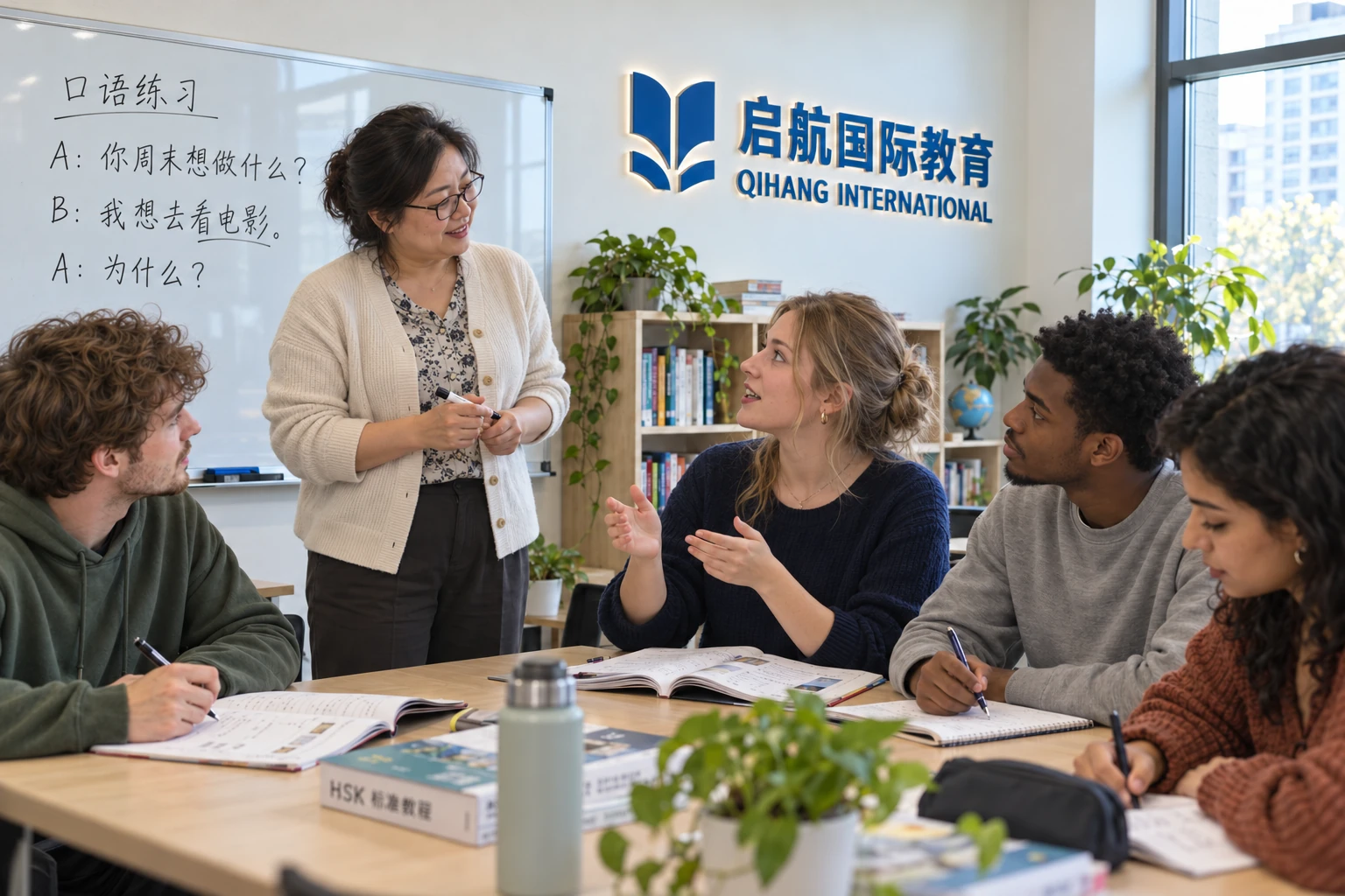 中国老师在启航国际教育的课堂上,带领约二十岁的外国学生讨论语言练习