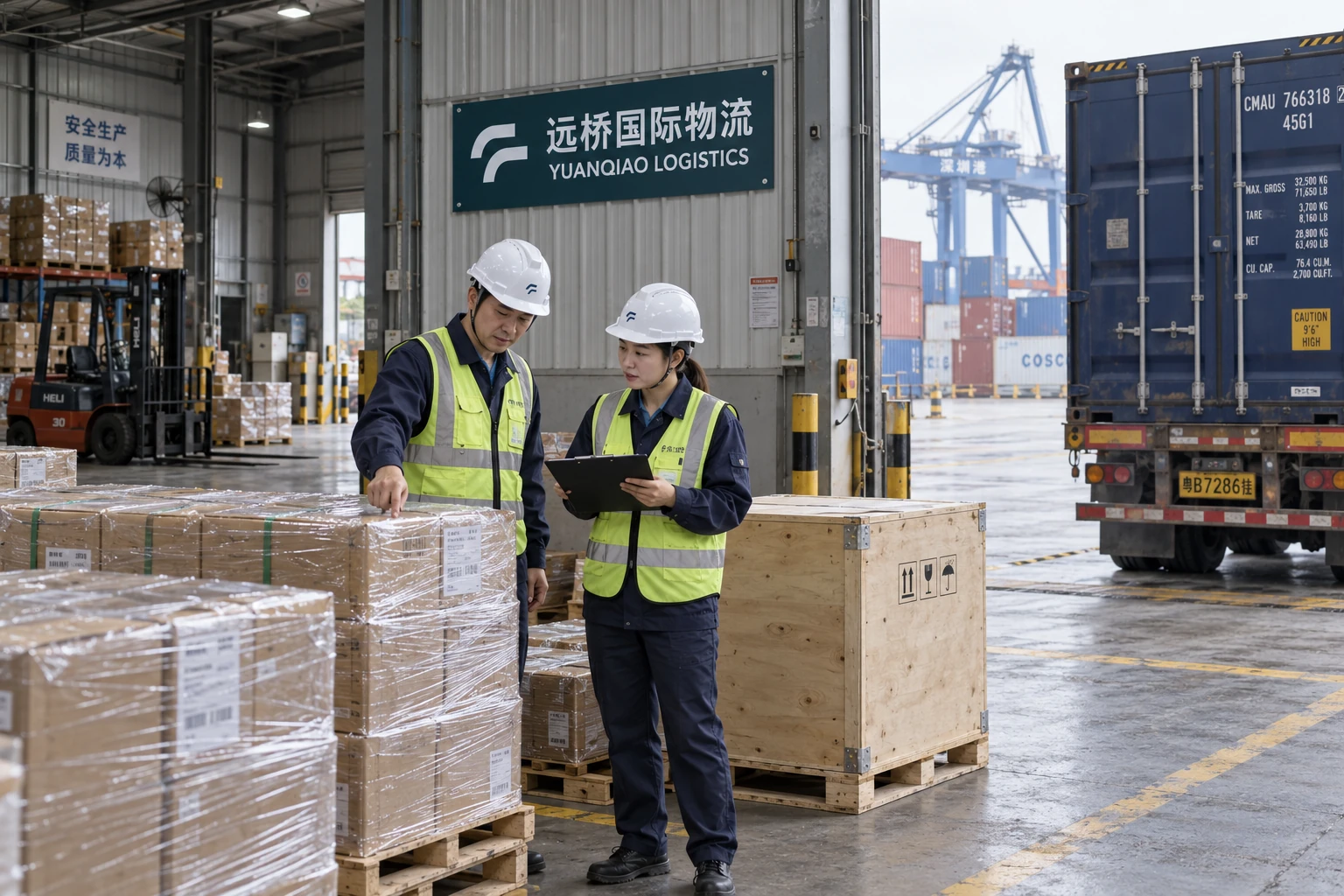 远桥国际物流海运仓库内,工作人员核对待装运货物,门外停靠集装箱车辆