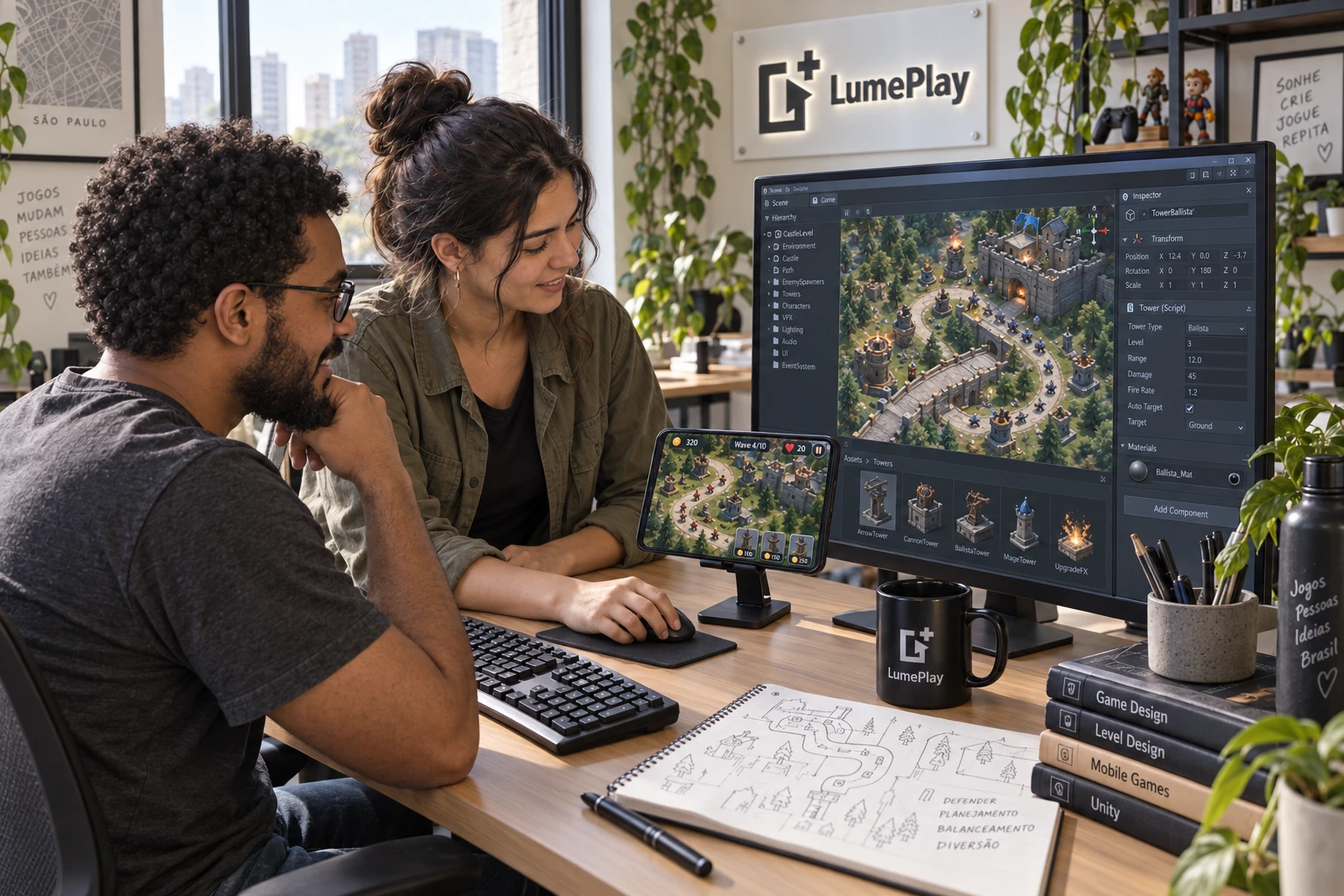 LumePlay Studio 开发者对照关卡编辑器,在桌面支架上的手机测试塔防手游
