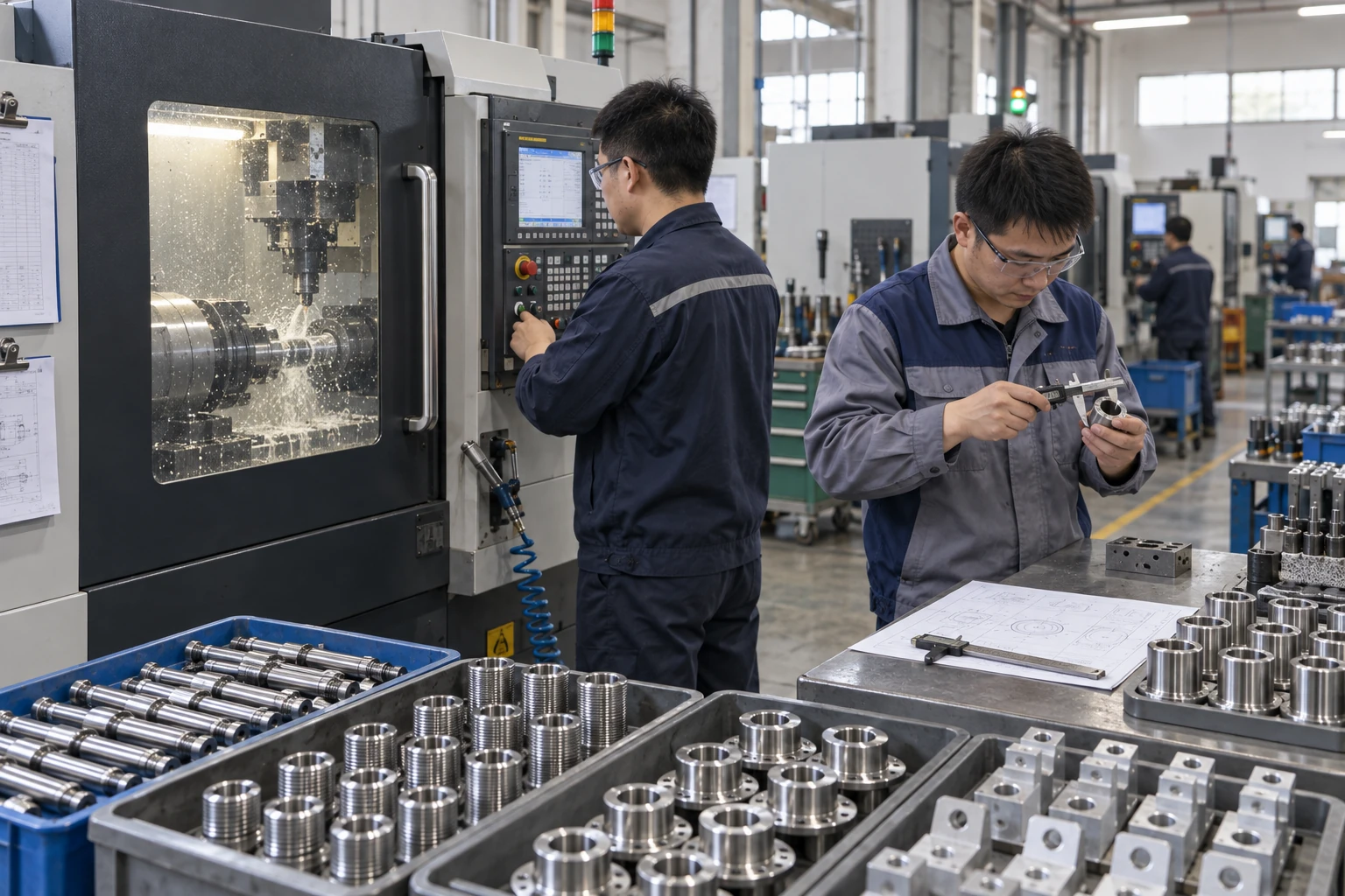 机械加工车间内,工人操作 CNC 设备并检验加工零件,工作台上整齐摆放成批金属零部件