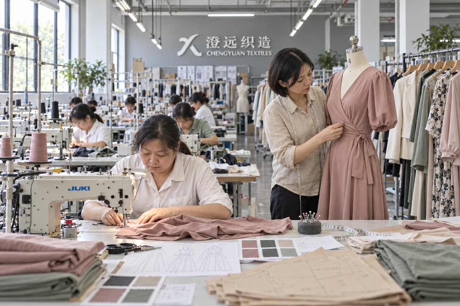 时尚女装工厂内,工作人员对照面料样卡检查连衣裙样衣,并在缝纫生产线上制作女装